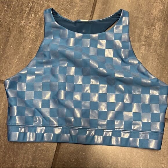 Peloton Show Up High Neck Bra Blue Shiny Checkered XL - Picture 4 of 5
